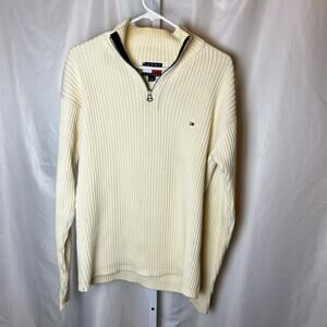 VTG Tommy Hilfiger Men’s L Quarter Zip Rib Knit Sweater White Flag Logo 90s Y2K